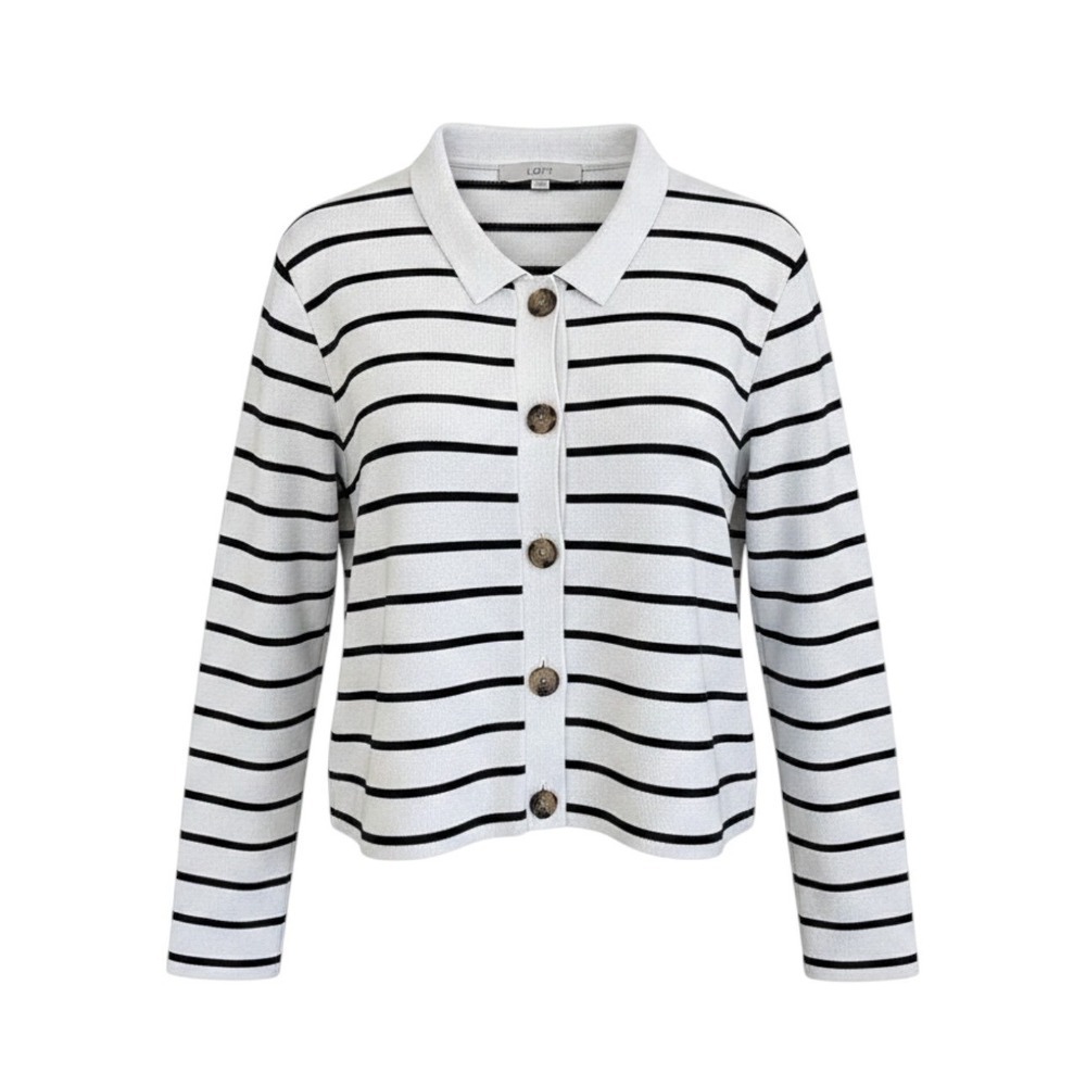 LOFT Navy and White Striped minimalist preppy old money Cardigan XL cotton